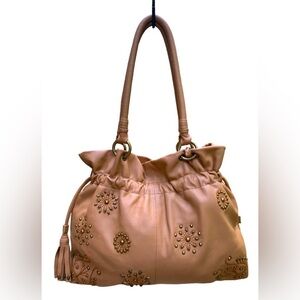 ISABELLA FIORE Soft Camel Pebble Leather Studded Hobo Bag
